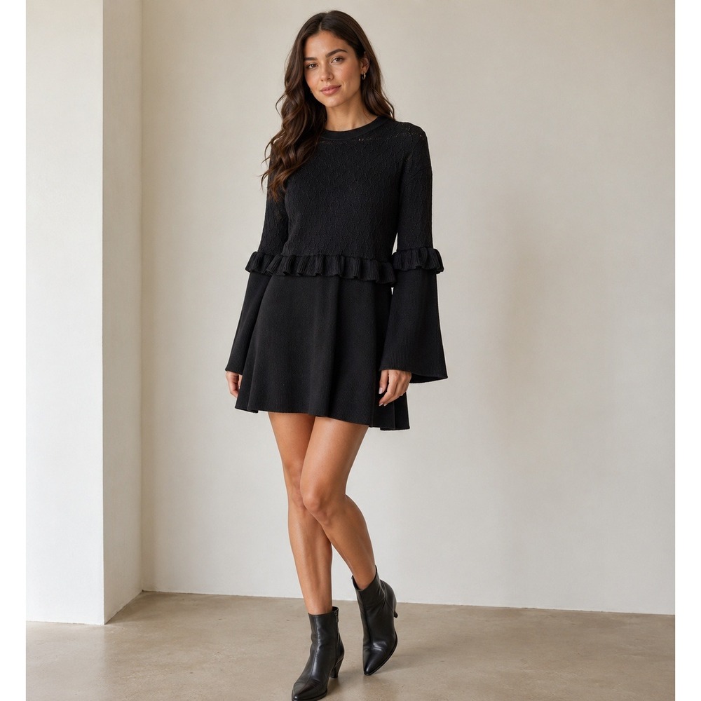 Mother of Pearl Sweater Womens Medium Black Ruffle Bell Sleeve Knit Wool Blend